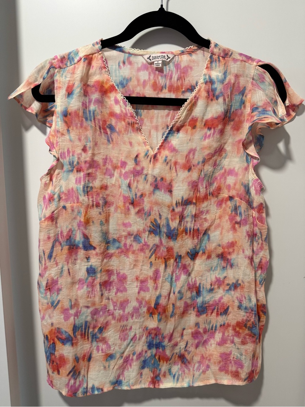 Nanette Lepore Pink Multi Floral V-Neck Flutter Sleeve Top